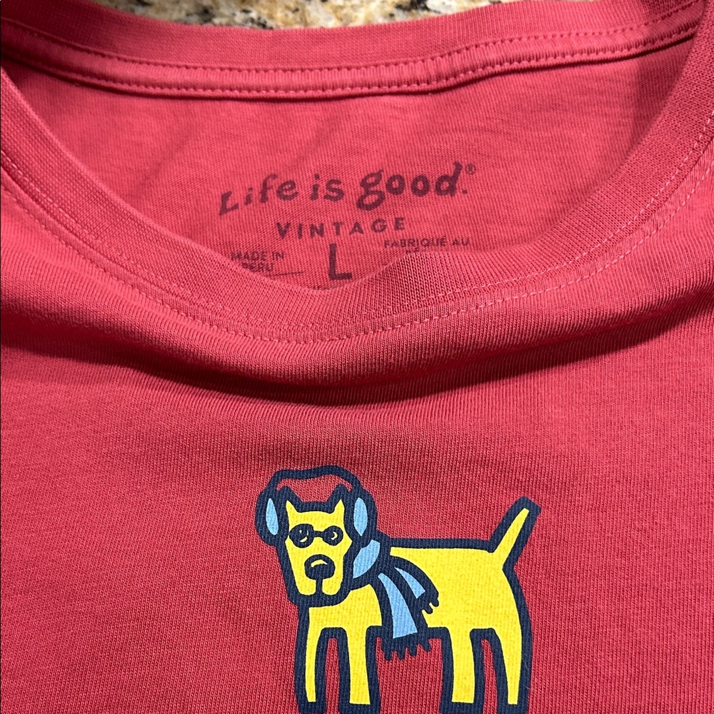 Life Is Good Red Shirt with Yellow Dog Design